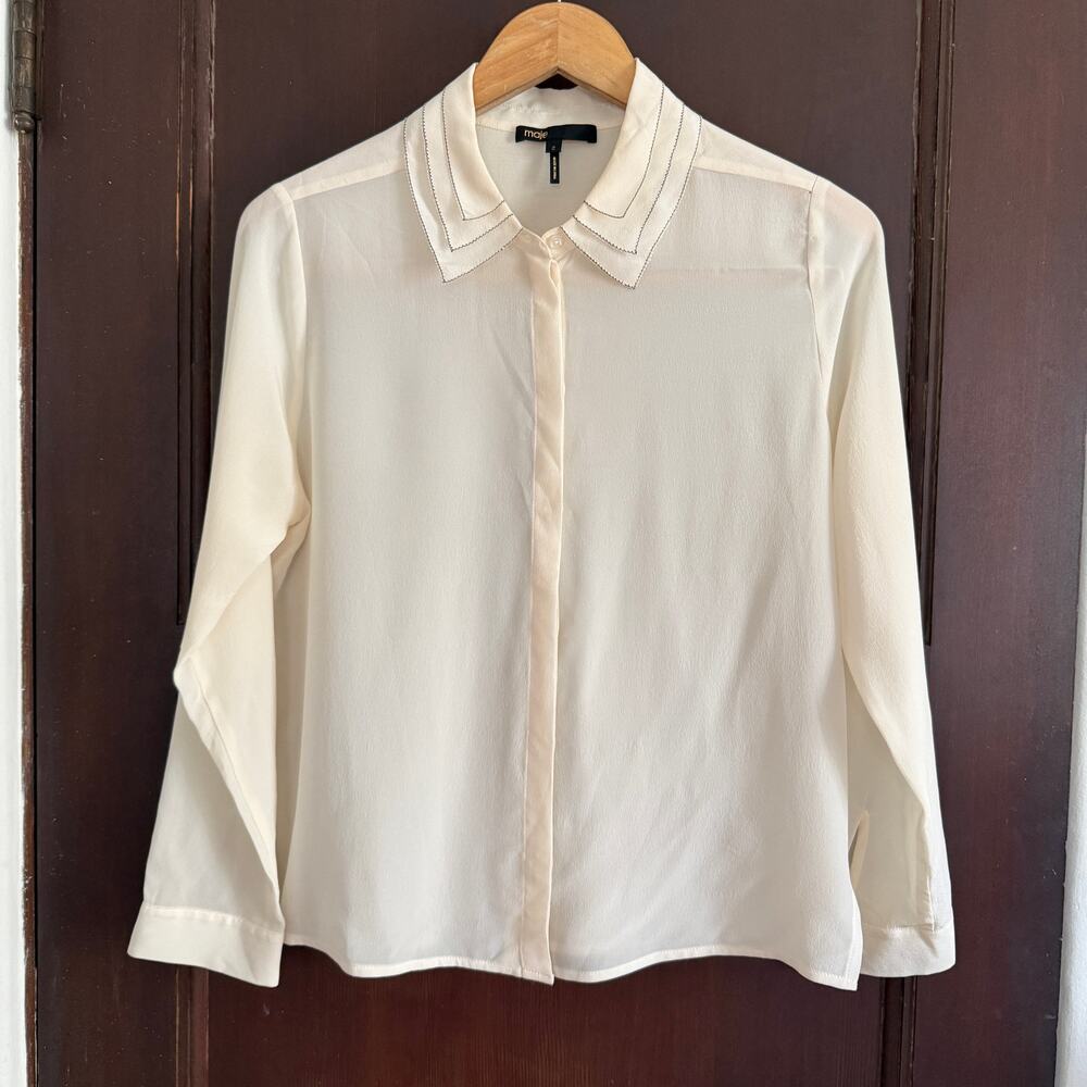 MAJE Cream Silk Crepe de Chine Triple Collar Button Up Blouse Size 2 / Medium